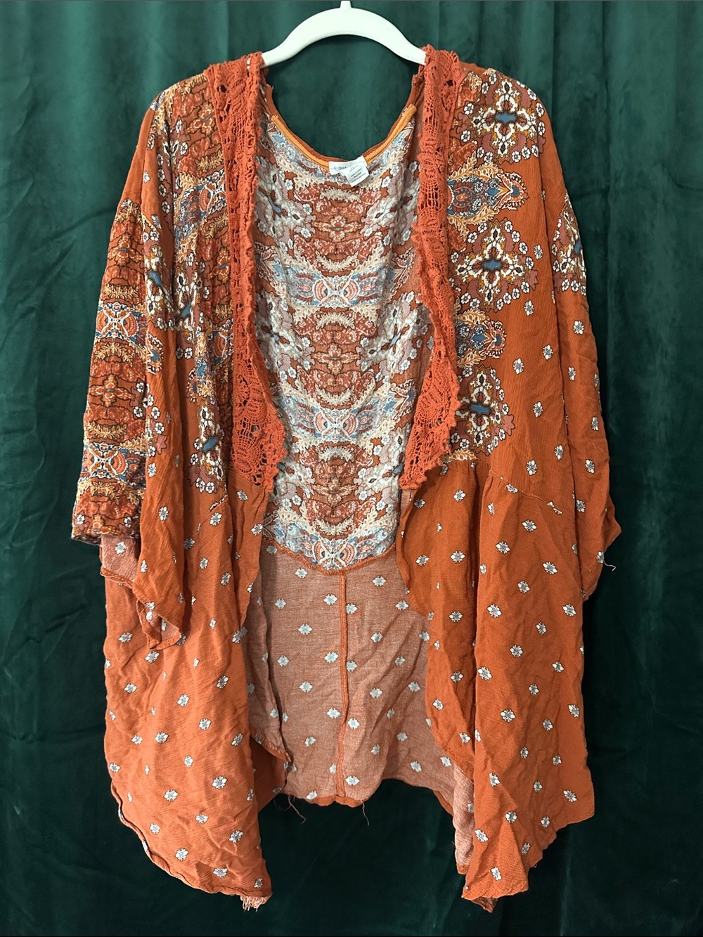 Rust Orange Women's Open Front Lace-Trim Kimono